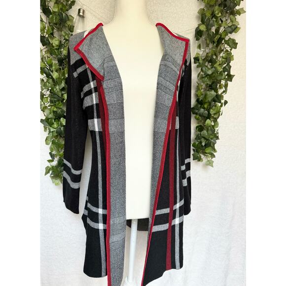 Anne Klein Cotton Acrylic Blend Black White Red Plaid Open Cardigan Sweater - Picture 11 of 12